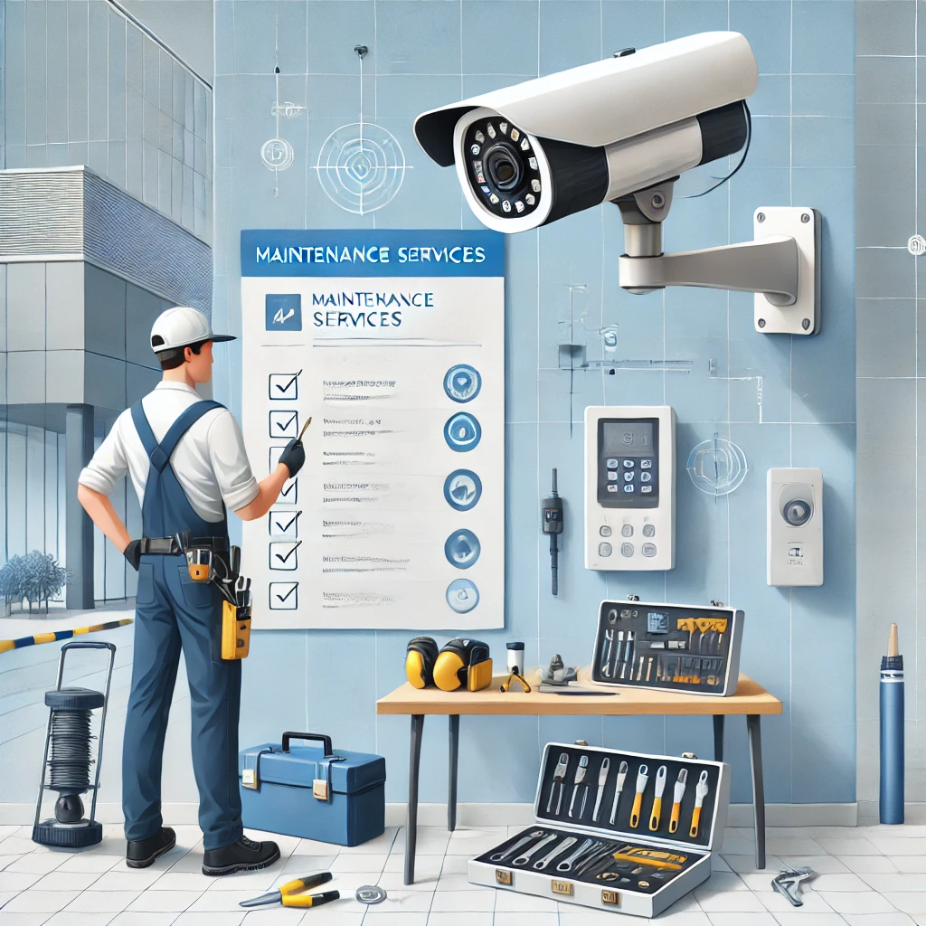 DALL·E 2024-12-20 11.01.56 - An informative and professional image depicting maintenance services for electronic security equipment. The scene shows a skilled technician wearing a